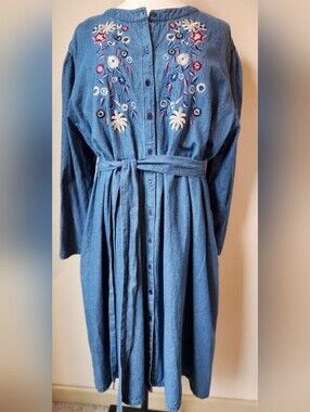 Denim Moves 4X Embroidered Denim Midi Shirt Dress Long Sleeve Band Collar Boho